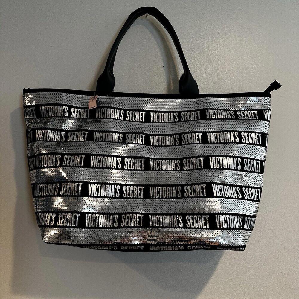 NEW Victoria’s Secret Black Weekender Silver Sequin  Bling Tote Bag Large NWT